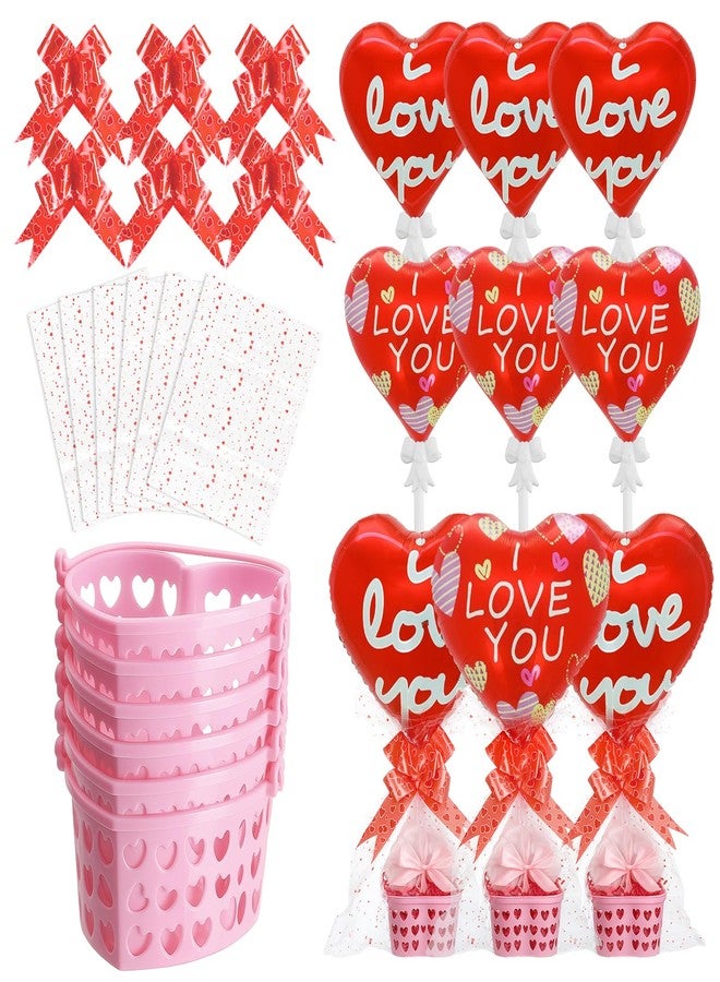 PullCrease 6 Sets Valentine's Day Gift Basket with 18 Inch I Love You Heart Balloons Bow Rod and Cellophane Bags DIY Valentine Gift Basket Decoration for Valentines Day Party Supplies - Image 1
